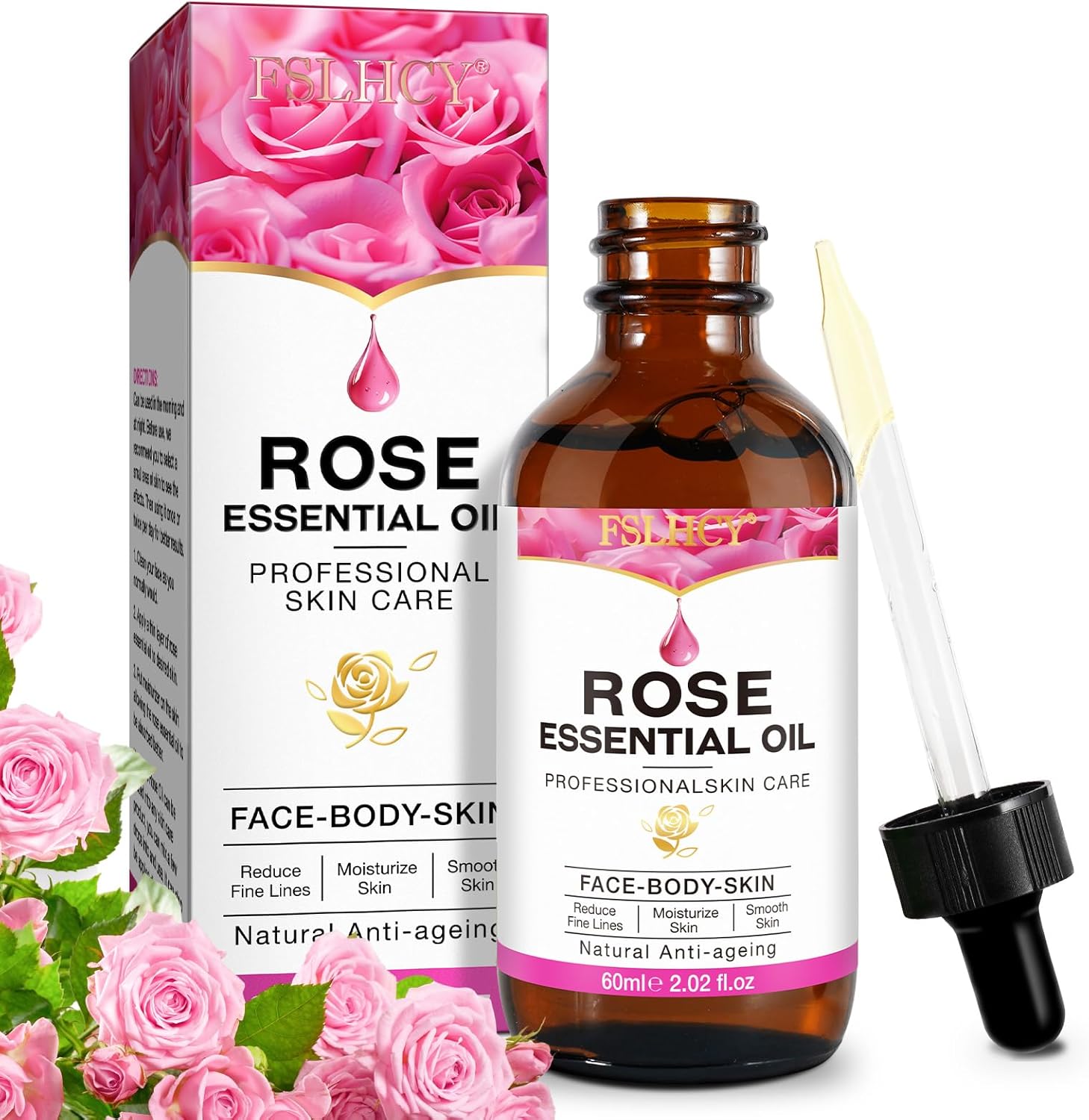 Huile Essentielle Rose 60 ml, Sérum Rose avec Serum Vitamine C pour Hydrate et Anti-âge pour les Visage Soin Anti-âge, Peau, Naturelle Hydratante et Nourrissante