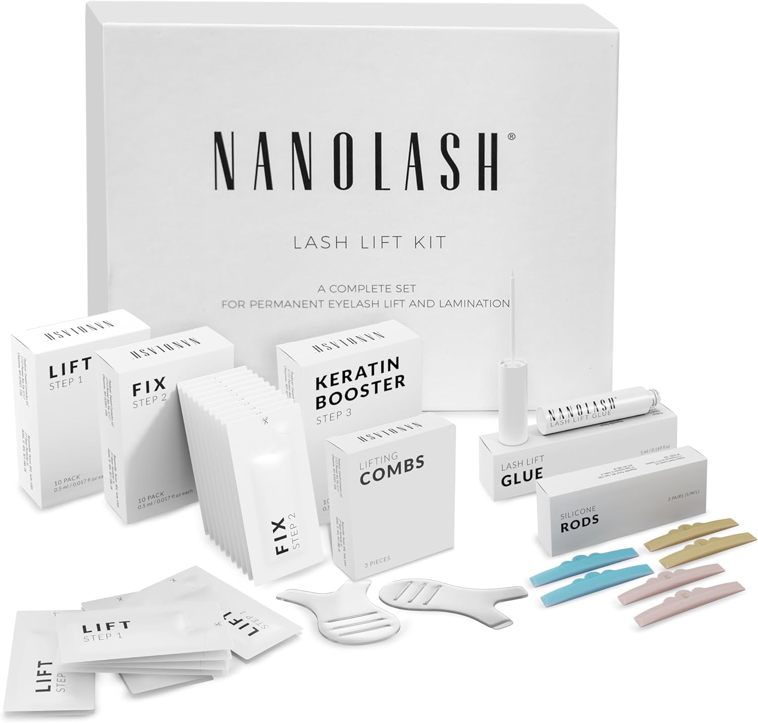 Kit de rehaussement et de lamination des cils Nanolash - kit de rehaussement de cils professionnel, kit rehaussement de cils à la maison et en salon, rehaussement de cils DIY
