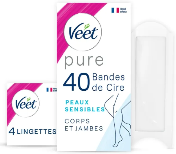 PURE - 40 Bandes de Cire Froide Corps et Jambes - Peaux Sensibles - Recommandés par les Dermatologues - Epilation Longue Durée 40 unité (Lot de 1)