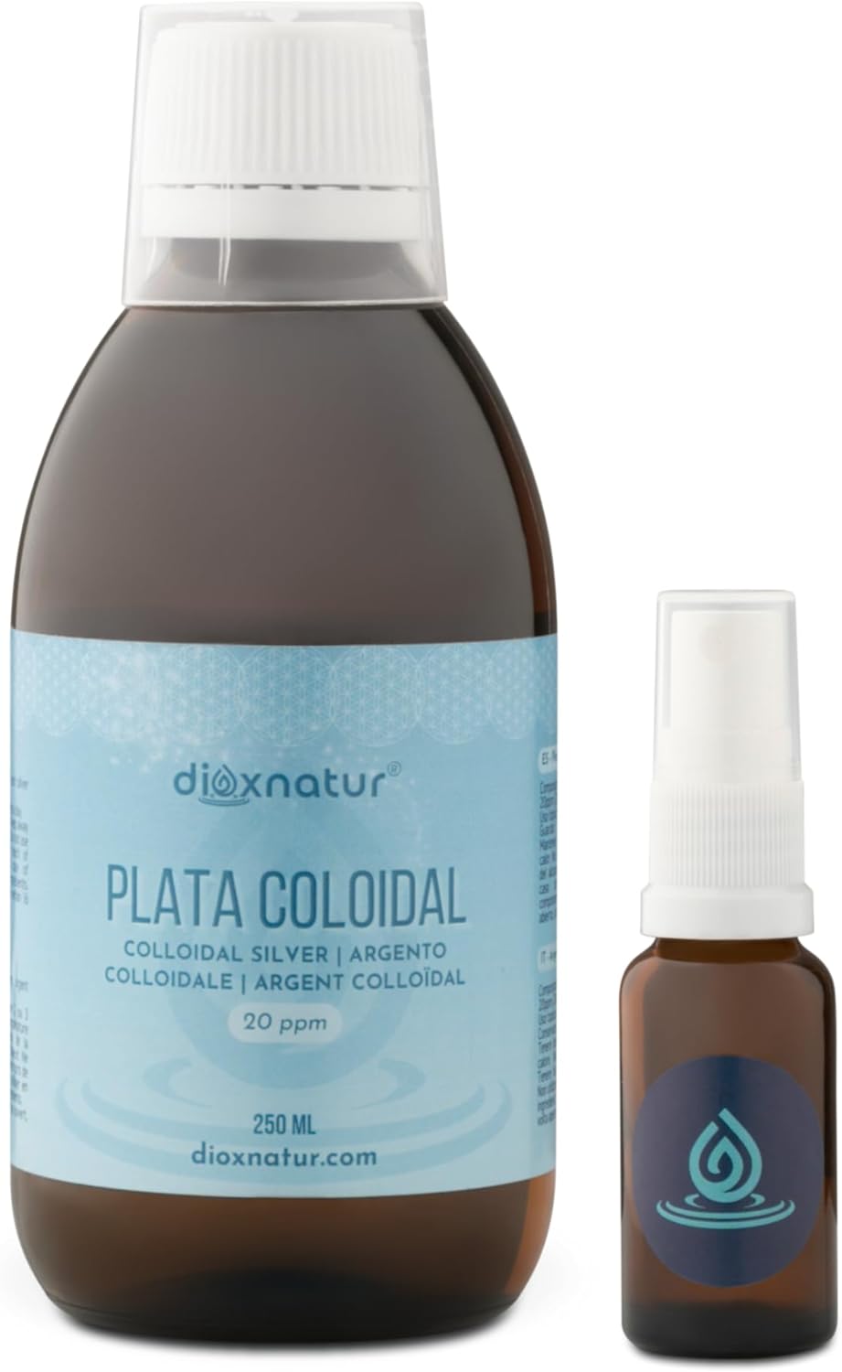 Argent colloïdal 20 ppm 250 ml DIOXNATUR® - Colloidal Silver Pure avec spray et verre compteur inclus - Bouteille en verre ambré - 100% naturel - Concentration optimale