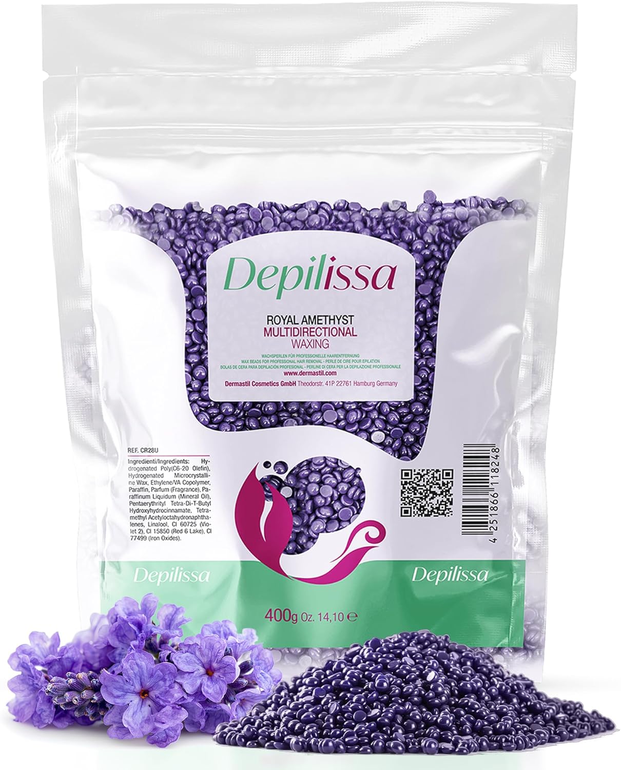 Depilissa Perles de Cire 400g Royal Amethyst – Cire Chaude Multidirectionnelle Sans Bande – Hypoallergénique & Vegan – Épilation Visage, Aisselles, Jambes & Maillot – Femme & Homme – Made in Italy