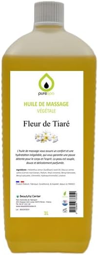Huile de Massage végétale parfumée - 100% Massage Naturelle relaxante et exotique (Fleur de Tiaré, 1 Litre)