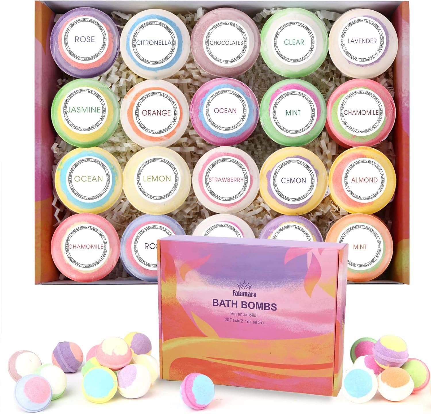 Lot de 20 bombes de bain moussantes bio et naturelles fabriquées à la main avec huiles essentielles relaxantes et anti-stress Cadeau d'anniversaire idéal pour femme, épouse, petite amie, mère
