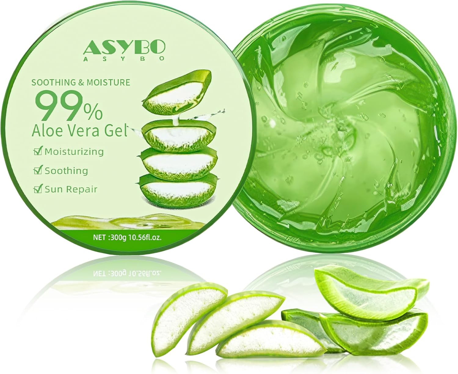 ASYBO 300 ml de gel d'aloe vera – 99% pur bio Aloe Vera Crème hydratante pour le visage et le corps, crème naturelle à l'aloe vera pour peau sèche, coups de soleil, acné 300 g (Lot de 1)