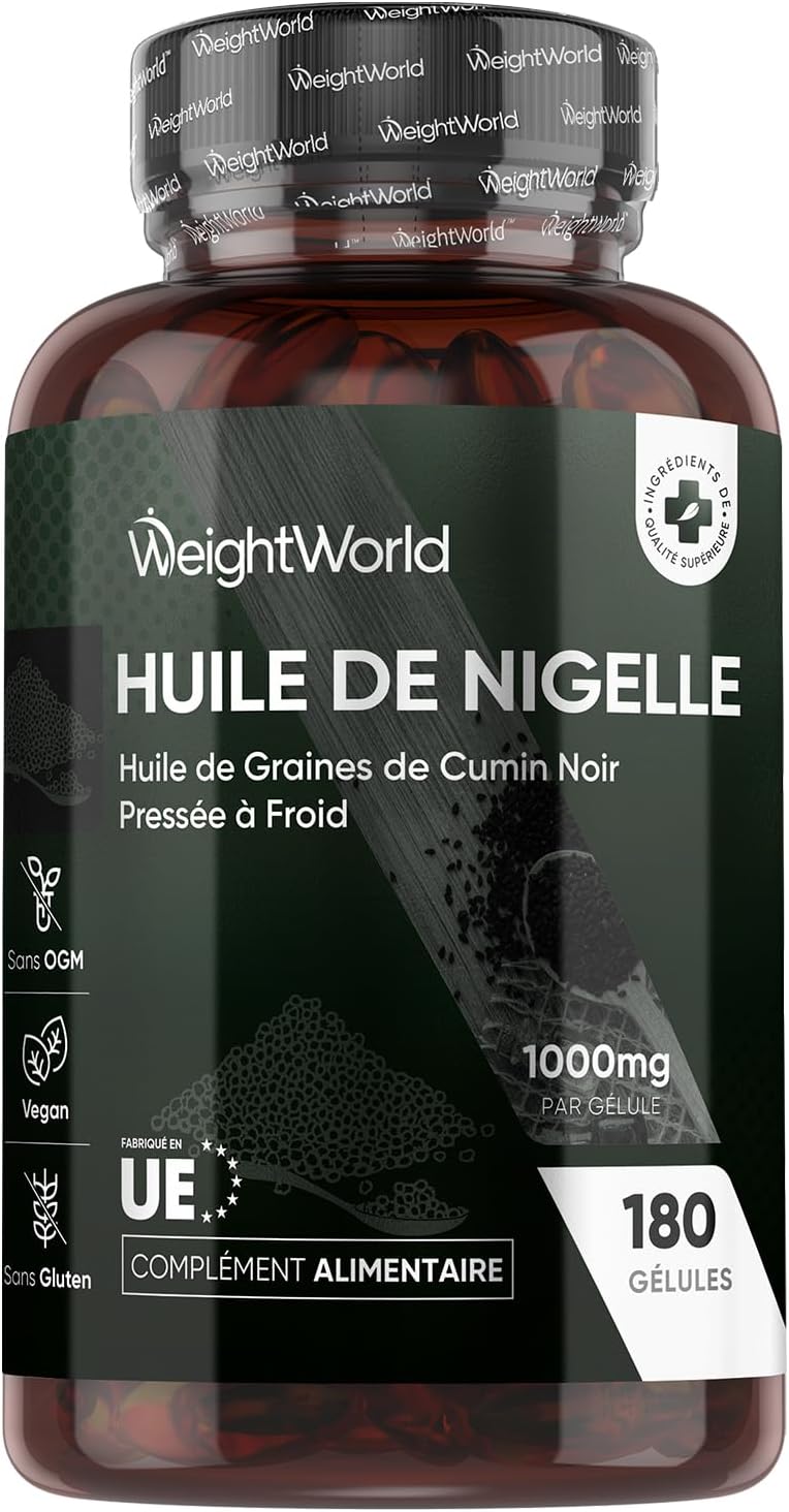 Huile de Nigelle Cumin Noir 1000mg - 180 Gélules Vegan pour 6 Mois, Huile de Graines de Cumin Noir Pressé à Froid, Poudre de Nigella Sativa, Soucre d'Omega 3, 9, Vitamine C, Minéraux, Fabriqué en UE
