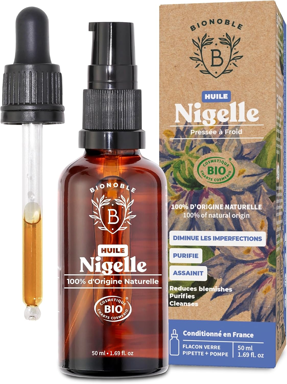 Huile de Nigelle Bio Pure 50ml + Pipette et Pompe - Bouteille en Verre - 100% Naturelle, Pressée à Froid - Huile Nigelle Bio Visage Corps Cheveux - Cumin Noir, Black Seed Oil 50 ml (Lot de 1) Nigelle