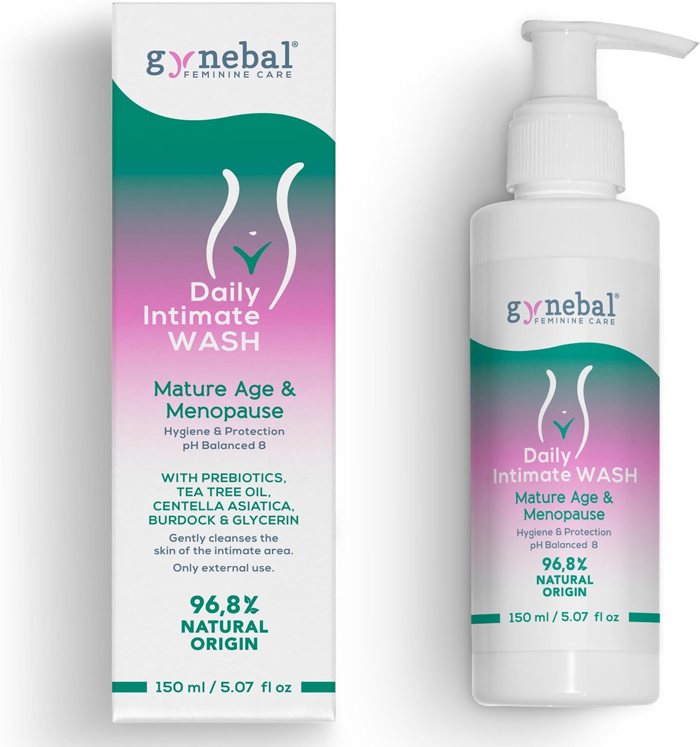 GYNEBAL Savon intime femme apaisante pour menopause PH 8 - Gel hygiene intime femme avec arbre à thé et prébiotique qui prévient la sécheresse vaginale et le irritation intime - 150 ml