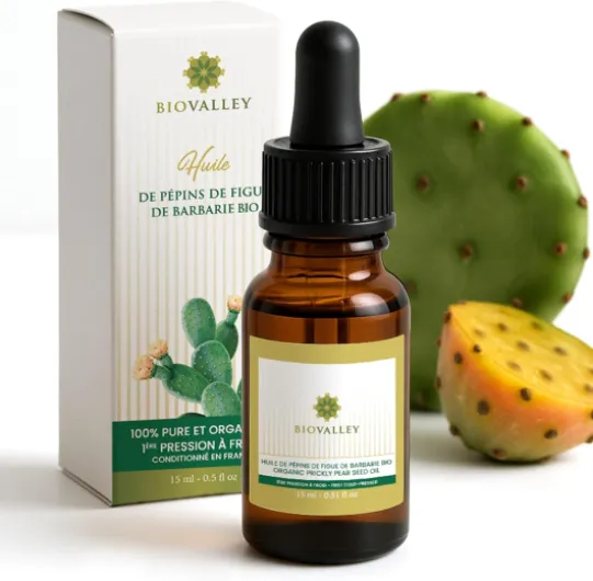 BIOVALLEY – Huile de Pépins de Figue de Barbarie BIO 15ML - Pressée à Froid Extra Vierge – 100% PURE & NATURELLE-, Soin Anti-âge Premium Visage & Corps, Riche en Vitamine E, Hydratante & Antirides 15 ml (Lot de 1)