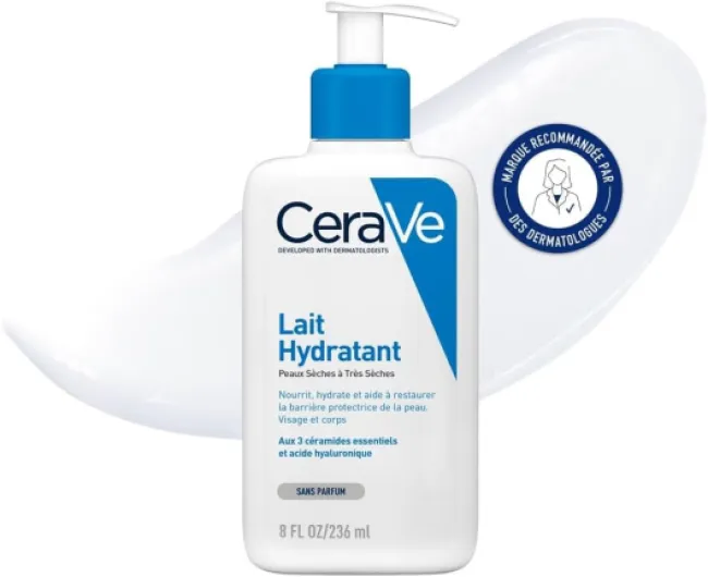 CeraVe - Lait Hydratant Corps et Visage - Peau Sèche à Très Sèche - 24H d’Hydratation en Continu - Acide Hyaluronique + 3 Céramides - Texture Légère, Non Collante - Sans Parfum, Non Comédogène 236 ml (Lot de 1)