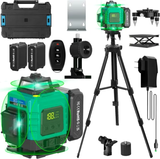 4 x 360° Niveau laser avec Trépied - Niveau Laser 4D 16 Lignes Auto-nivelant,3600mAh Piles,Laser Chantier Vert Étanche et Anti-poussière,avec Télécommande,pour Chantier de Construction,Intérieur Vert/Avec trépied