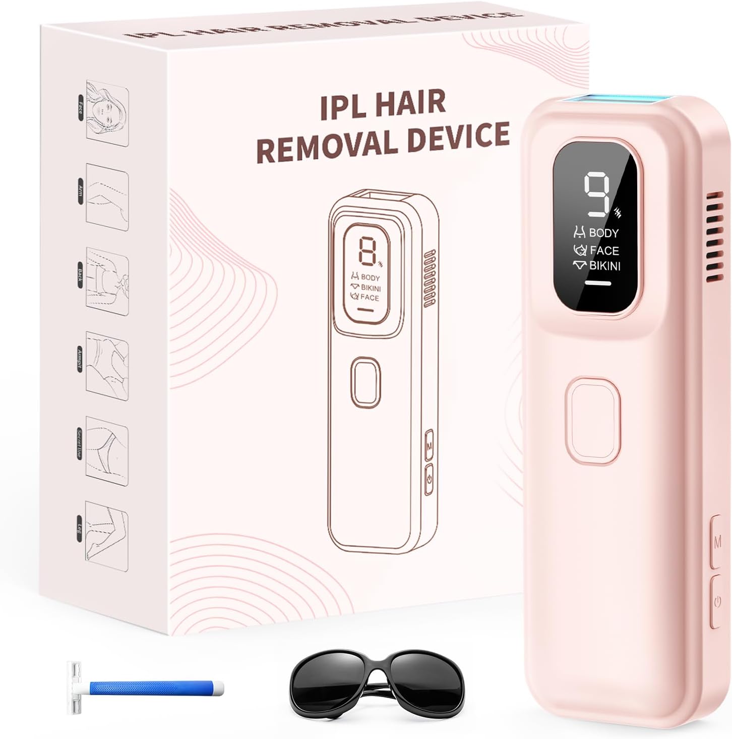 Épilateur Lumière Pulsée, Épilateur Laser Definitive avec 9 Niveaux Énergie, 3 Modes IPL Laser Épilation Hair Removal pour Aisselles/Maillot/Corps - Rose