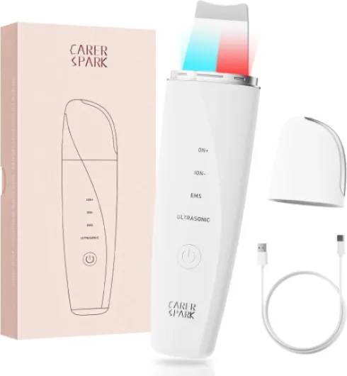 Épurateur de Peau Ultrasonique - Spatule Visage à Ultrasons EMS Ions Lumière Rouge et Bleue, 4 Modes pour Nettoyage en Profondeur Élimination des Points Noirs Exfoliation Douce