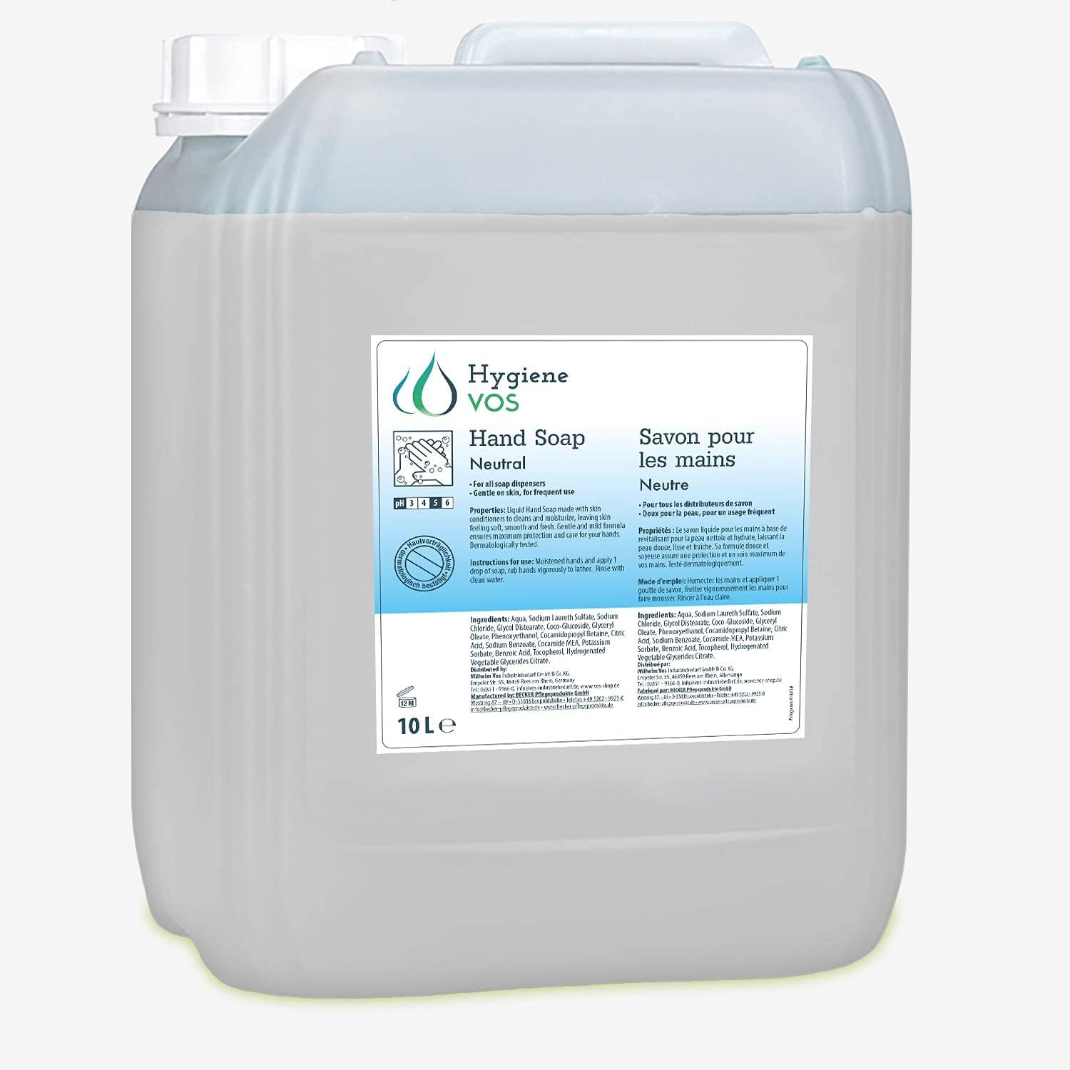 Hygiene VOS Savon Liquide 10 litres neutre sans parfum pour les Mains pH Neutre pour une Utilisation Quotidienne - Ingrédients Biodégradables