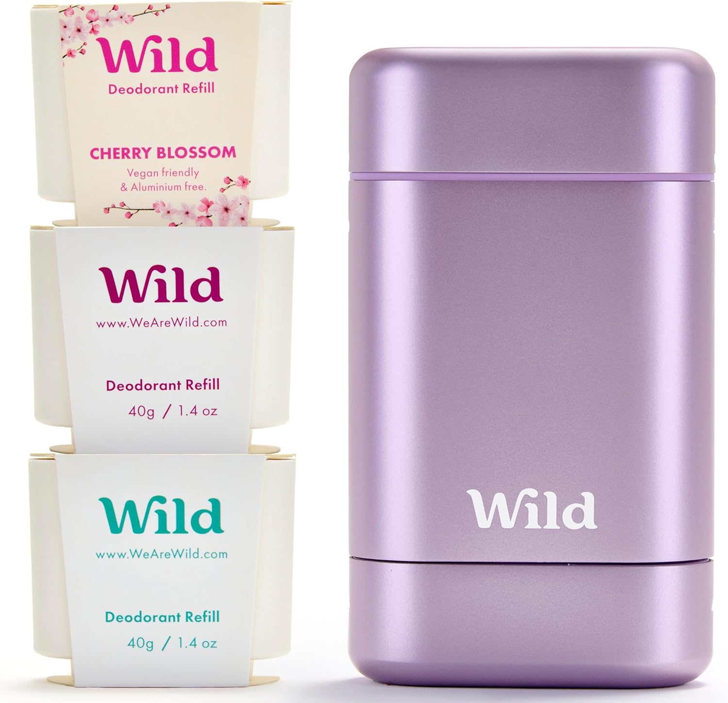 Déodorant Naturel Rechargeable - Sans Aluminium - Etui Violet avec Lot Varié de Recharge (3 x 40g) - Comprend Fresh Cotton & Sea Salt, Cherry Blossom et Coconut & Vanilla - Végan Fraîche Lot Varié de Recharge