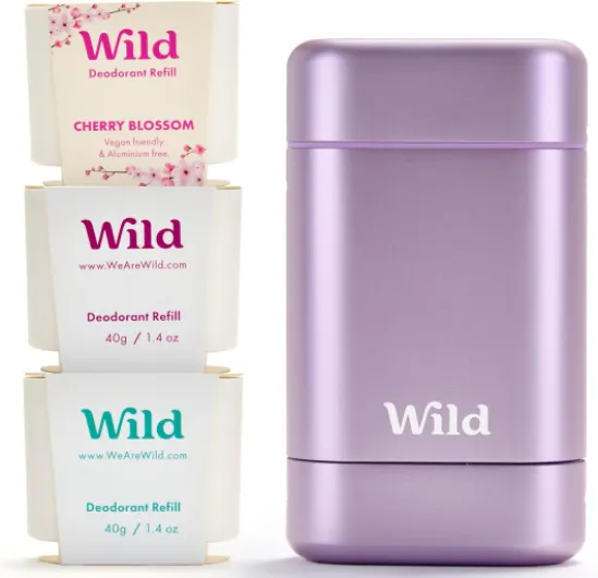 Déodorant Naturel Rechargeable - Sans Aluminium - Etui Violet avec Lot Varié de Recharge (3 x 40g) - Comprend Fresh Cotton & Sea Salt, Cherry Blossom et Coconut & Vanilla - Végan Fraîche Lot Varié de Recharge