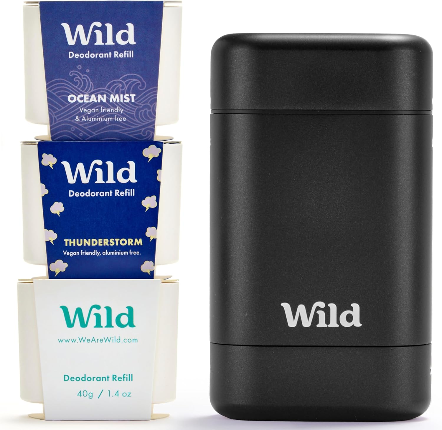 Déodorant Naturel Rechargeable - Sans Aluminium - Etui Noir avec Lot Varié de Recharge (3 x 40g) - Comprend Fresh Cotton & Sea Salt, Ocean Mist et Thunderstorm - Végan