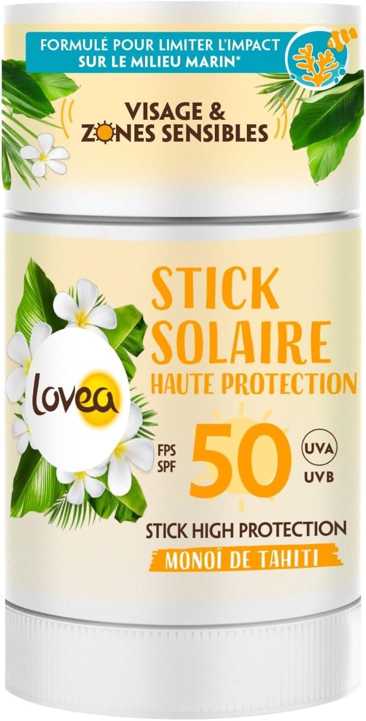 Stick Solaire FPS 50 - Haute Protection Visage & Zones Sensibles - Monoï De Tahiti - Protection UVA/UVB - Fini Invisible & Résistant À L'Eau - Vegan - Fabriqué En France - 40 g