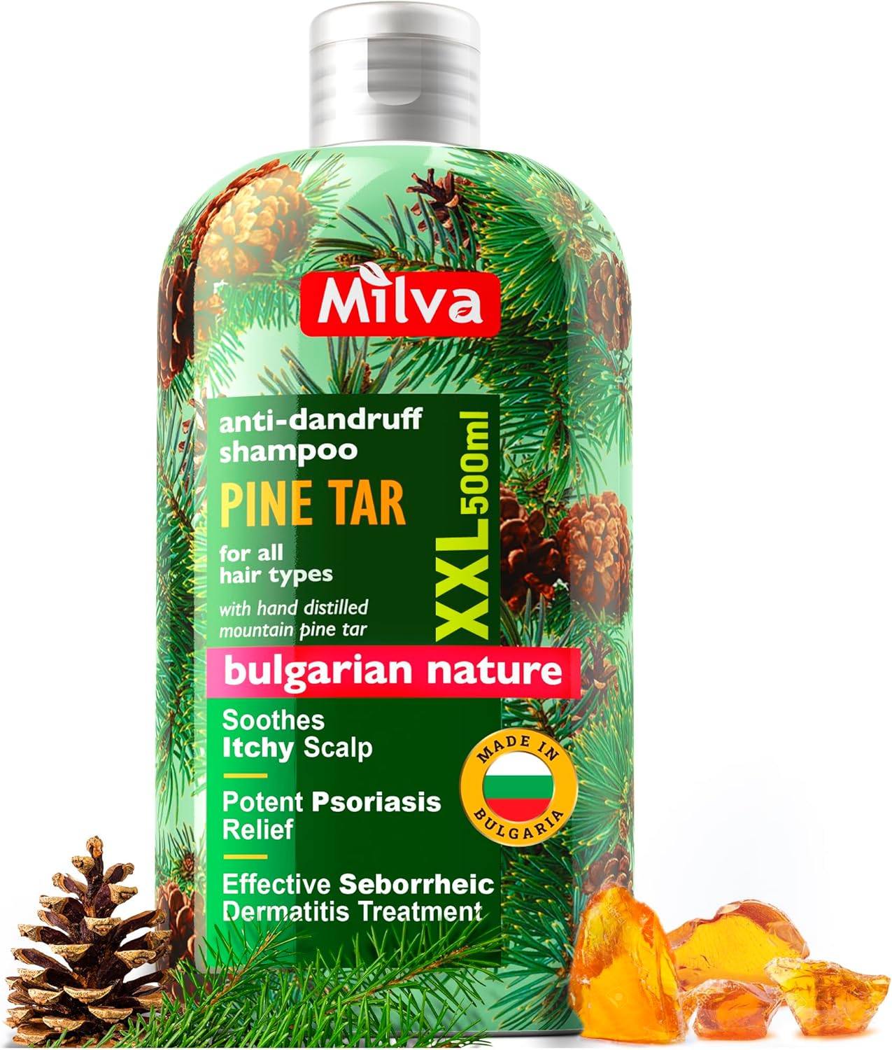 Milva Shampoing Dermatite Séborrhéique Goudron de Pin - 500 ml Shampoing Antipelliculaire, Psoriasis - Apaise Cuir Chevelu Irrité, Squameux, Anti-démangeaisons, Réduit Pellicules et Rougeurs, Hydrate 500 ml (Lot de 1)