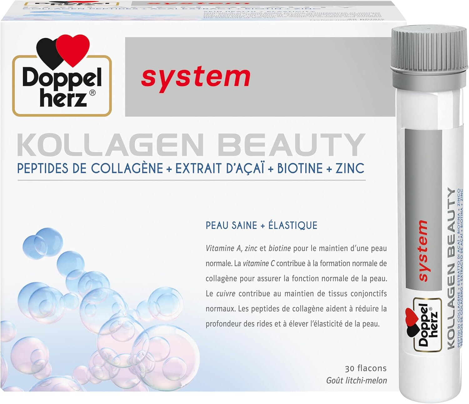Kollagen Beauty – Peptides de collagène pour une peau saine et plus élastique – Extrait d'Açaï, Biotine et Zinc – Goût litchi-melon – 30 flacons de 25ml Unique