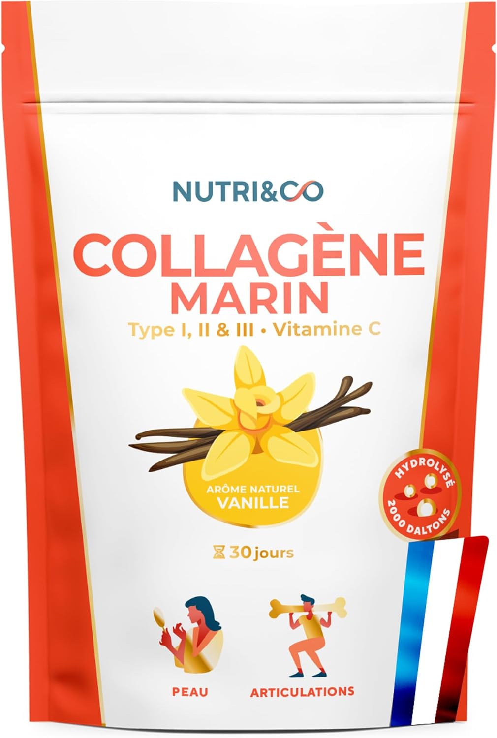 NUTRI & CO Collagène Marin Types 1 2 3 + Vitamine C - Peau & Articulations - 5500mg de Collagène Hydrolysé Breveté par Portion - Peptides en Poudre Goût Vanille 180g - Fabriqué en France Vanille 30 Portions (Lot de 1)