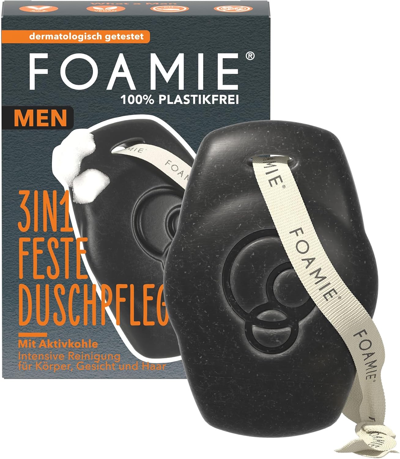 Men 3en1 Gel Douche Solide & Shampooing – Avec Charbon Actif & Bois de Rose – Pour corps, visage & cheveux – Nettoyage en profondeur, parfum boisé – Vegan, sans plastique & pH-neutre, 70 g