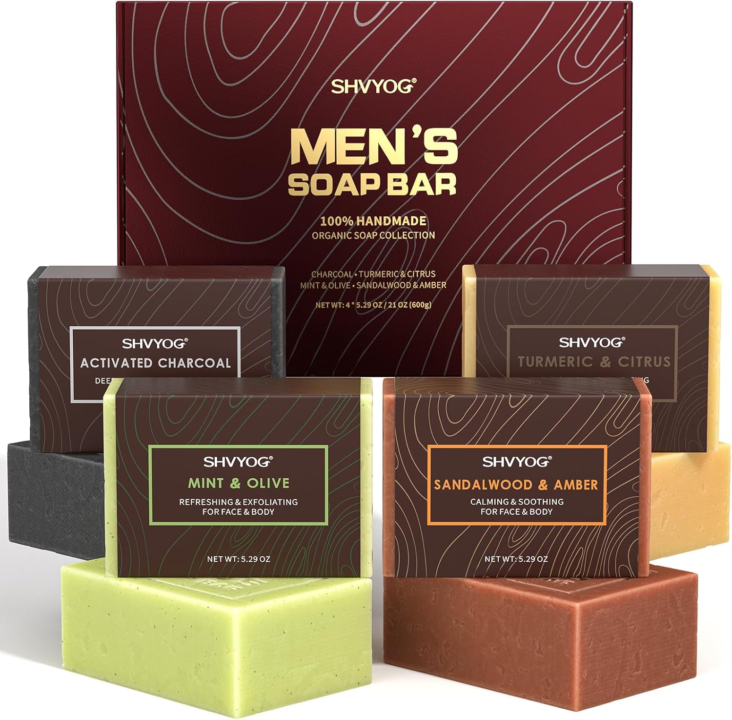 4 Pièces de Savon Naturel Pour Hommes, Savon Exfoliant Fait à la Main, Nettoyage en Profondeur, Hydratant Pour le Corps et le Visage - Ambre de Bois de Santal, Menthe, Charbon de Bois, Curcuma