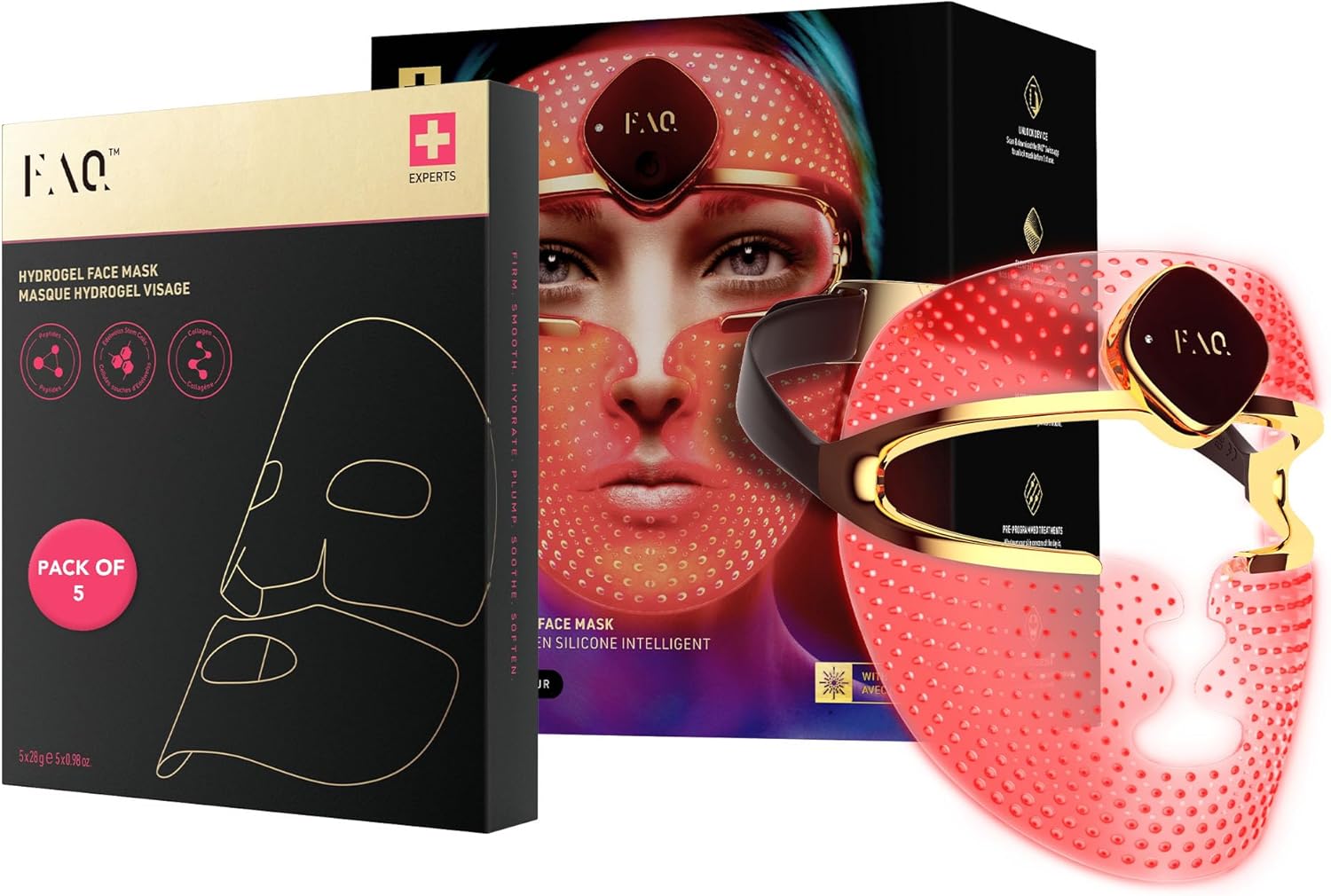 Masque LED FAQ 202 8 couleurs + Masque Collagene FAQ Peau de Verre (5 pièces) – Hydrate, illumine et minimise les pores - Soins pour le visage à l’acide hyaluronique pour une peau éclatante et nourrie - FAQ 202 BUNDLE