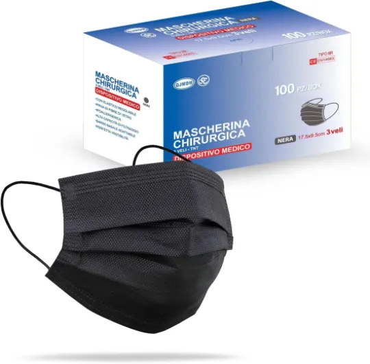 S&SMédica Lot de 100 Masques CHIRURGICAUX NOIR certifiés CE Type IIR BFE ≥ 98% DISPOSITIF MÉDICAL 3 couches de protection chirurgical Ministère de la Santé + crochet d'oreille