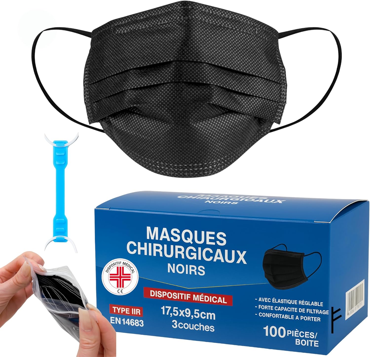 S&S Médical Lot de 100 Masques CHIRURGICAUX noir certifiés CE Type IIR BFE ≥ 98% DISPOSITIF MÉDICAL 3 couches de protection chirurgical Ministère de la Santé + crochet d'oreille (100 - Noir)