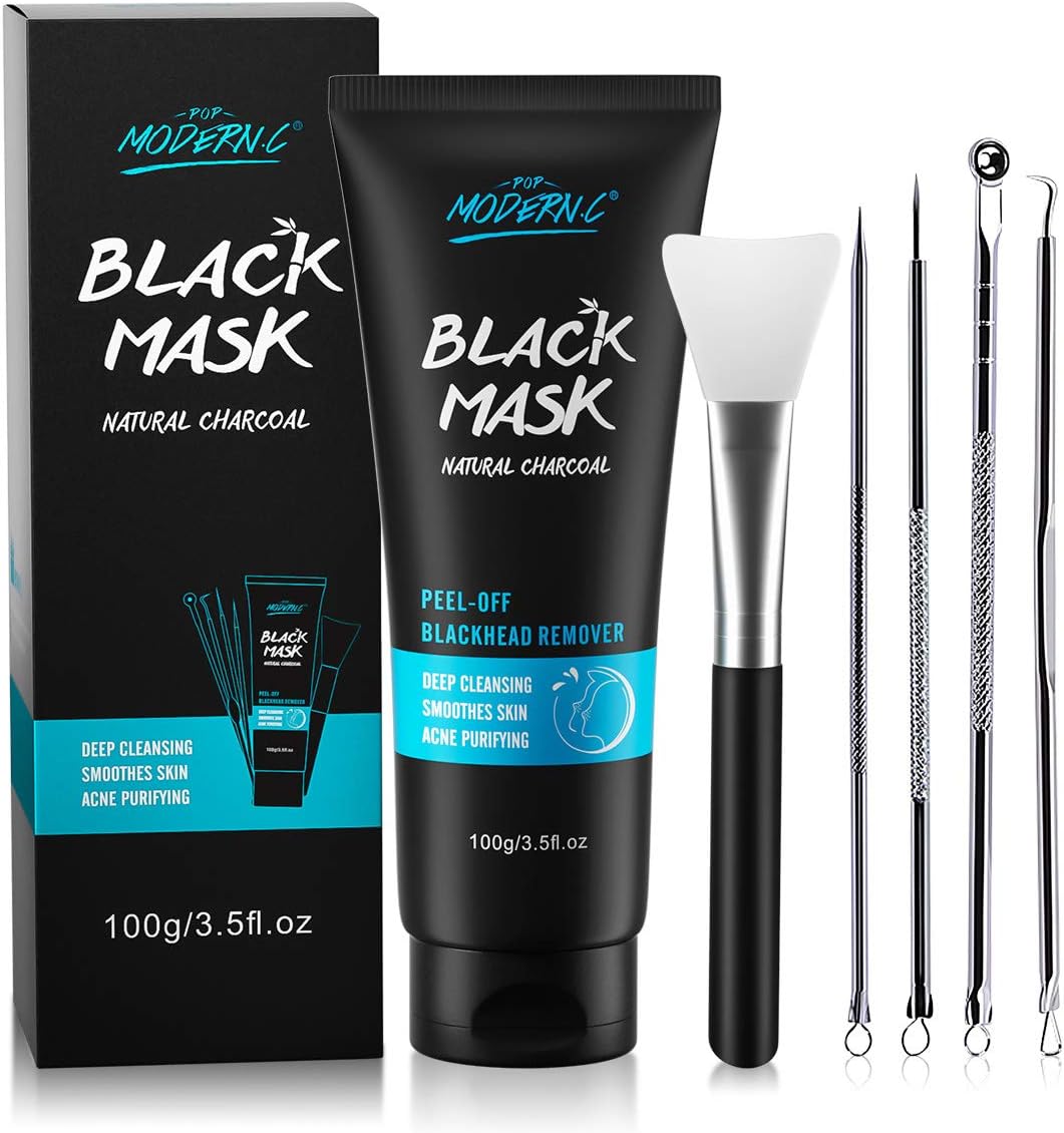 Masque Anti-Points Noirs au Charbon de Bambou, Élimine la Saleté du Visage, Nettoie en Profondeur, Livré Avec un Outil D'élimination des Points Noirs et une Brosse