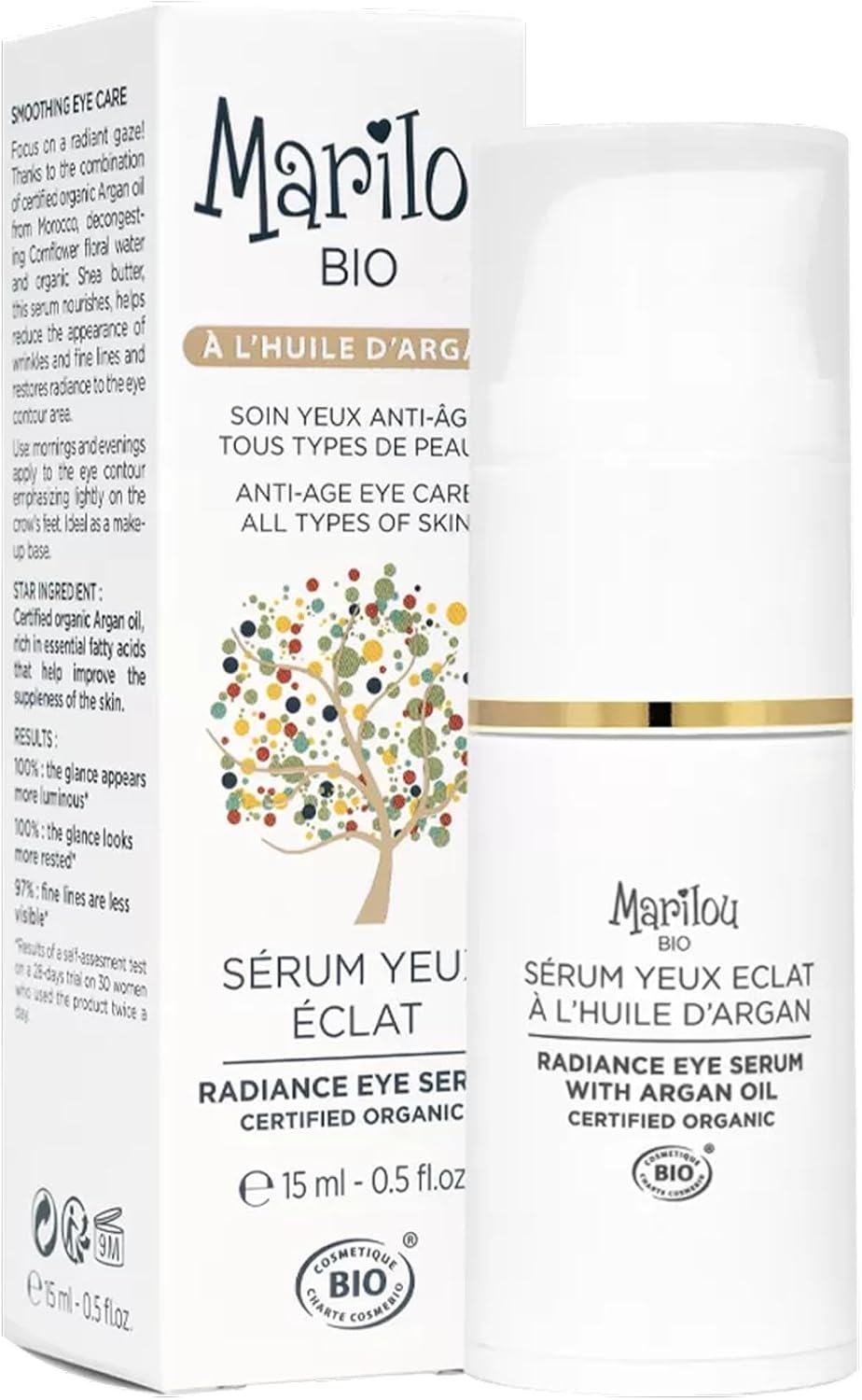 Marilou Bio - Sérum Yeux Eclat à l'Huile d'Argan - Soin anti-âge et anti-rides pour les yeux - Formule Bio - 99% d'ingrédients d'origine naturelle - 15 ml
