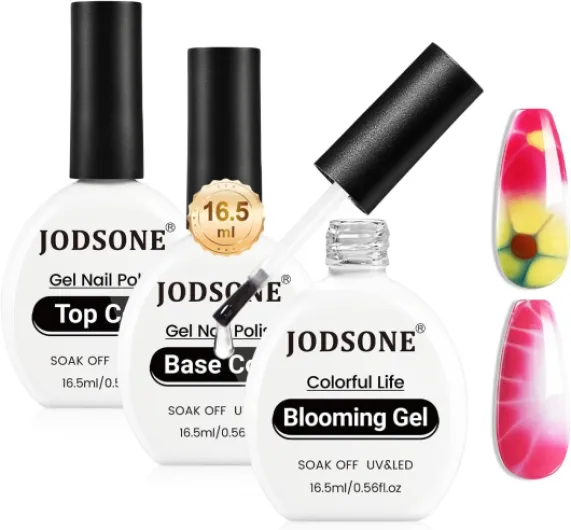 Lot de 3 vernis de base et de finition gel fleuri sans essuyage 16,5 ml Base Floraison pour effet dispersé, impression, peinture à ongles, séchage sous lampe UV BT-BLOOMING-16.5ML