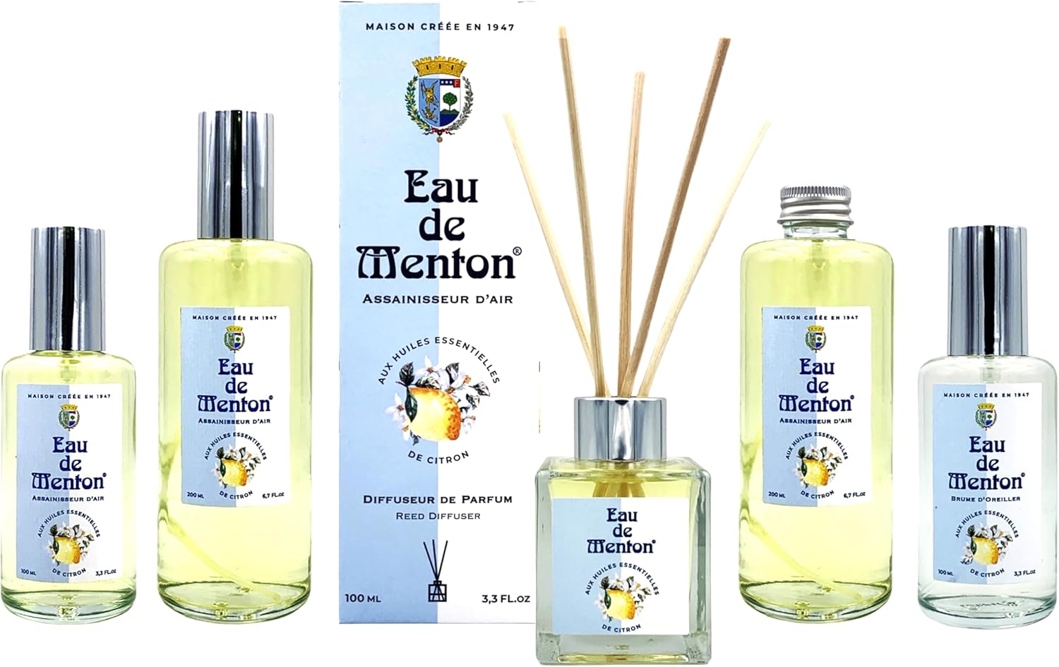 Pack Parfum d'ambiance, brume d'oreiller, diffuseur avec bâtonnets et assainisseur d'air au citron - Eau de Menton - Artisan Parfumeur en Côte d'Azur