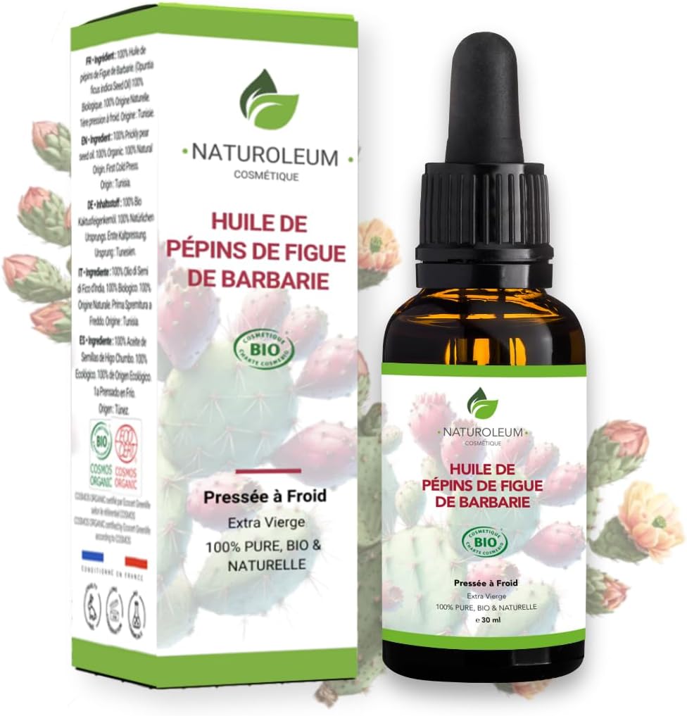 Huile de Pépins de Figue de Barbarie Bio 30ml - Pipette - Bouteille en Verre - 100% Pure, Naturelle, Pressée à Froid - Huile de Figue de Barbarie Bio Visage Anti-Âge et Anti Cerne Bio 30 ml (Lot de 1) Figue de Barbarie 30ml