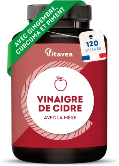 Vinaigre de Cidre Gélules 1500 mg avec la Mère - Complexe avec Piment, Gingembre et Curcuma - 120 Gélules Vegan - Fabriqué en France - Vitavea
