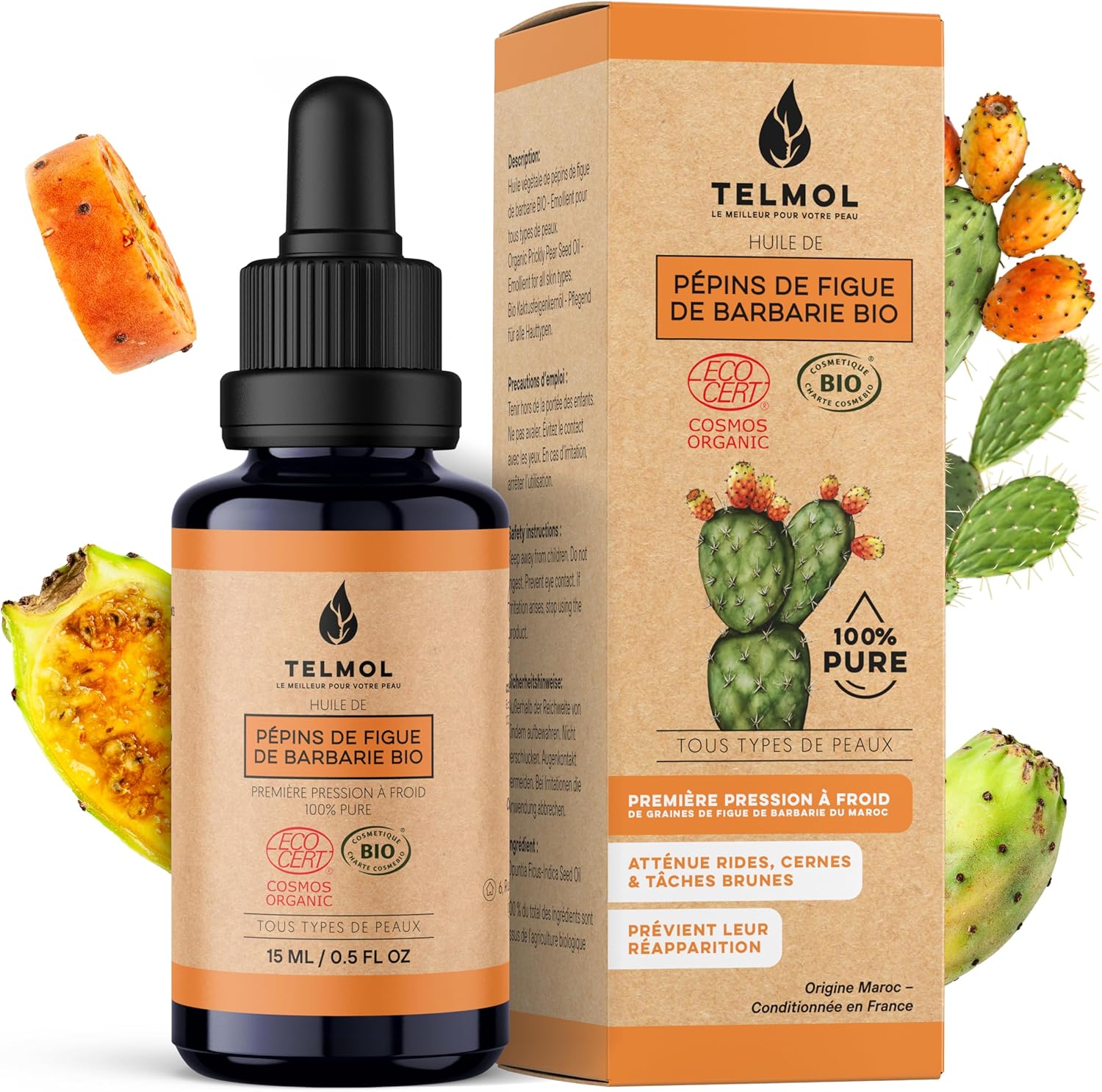 Huile de Pépins de Figue de Barbarie Bio (15ml) — Flacon en verre violet biophotonique & Pipette — 100% Pure, Première Pression à Froid — Huile de Figue de Barbarie Bio Visage Anti-Âge 15 ml (Lot de 1)