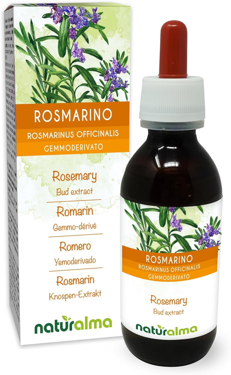 Romarin (Rosmarinus officinalis) Gemmo-dérivé sans alcool à base de bourgeons frais Naturalma - Extrait liquide gouttes 120 ml - Complément alimentaire - Végétalien ou végan Sans alcool 120 ml (Lot de 1)