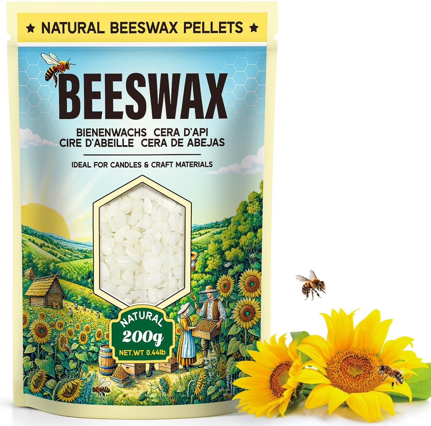 Cire d'abeille blanche 200G/908G/2.2KG/4.5KG/9KG - Pastilles de cire d'abeille naturelle pour la fabrication de bougies et projets DIY - Idéale pour créer des bougies artisanales - 200G Blanche