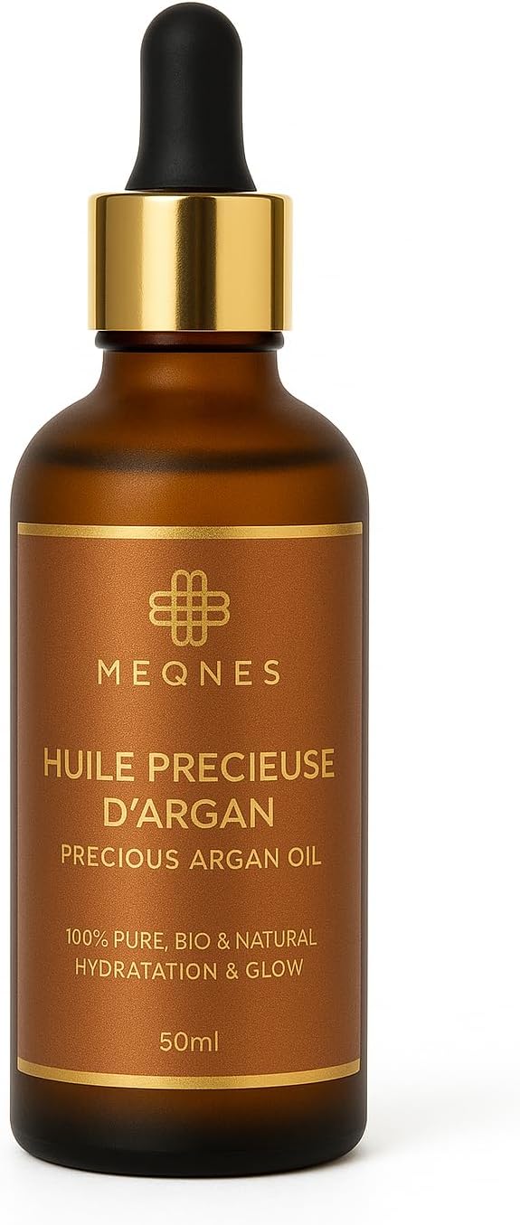 MEQNES Huile d'Argan Bio 100% Pure, Pressée à Froid au Maroc - Nourrit & Répare, Anti-Âge Anti-Tache - Huile Argan Cheveux, Visage, Corps - Vegan - Flacon Verre Ambré- 50ml