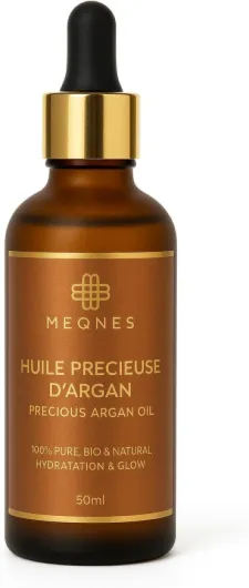 MEQNES Huile d'Argan Bio 100% Pure, Pressée à Froid au Maroc - Nourrit & Répare, Anti-Âge Anti-Tache - Huile Argan Cheveux, Visage, Corps - Vegan - Flacon Verre Ambré- 50ml