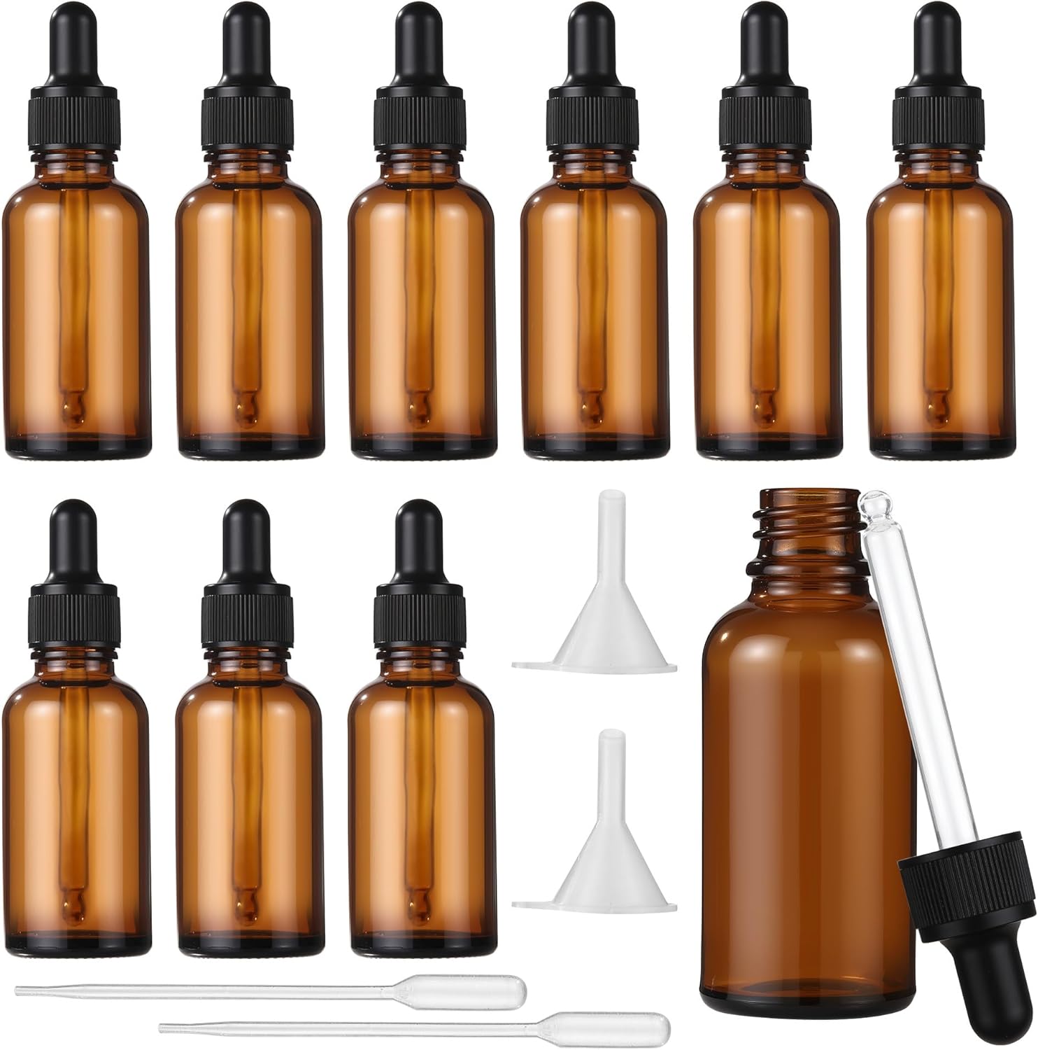 10 pcs Flacon Pipette,30 ml Flacon Compte Gouttes,Flacons en Verre Marron avec compte-gouttes et entonnoir, pour huiles essentielles, huiles parfumées, aromathérapie, massage, soins capillaires