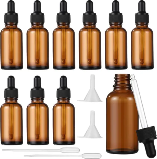 10 pcs Flacon Pipette,30 ml Flacon Compte Gouttes,Flacons en Verre Marron avec compte-gouttes et entonnoir, pour huiles essentielles, huiles parfumées, aromathérapie, massage, soins capillaires