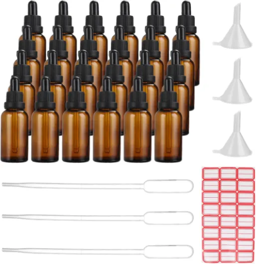 Lot de 24 Flacon Compte Gouttes 30 ml, Flacons Compte-gouttes en Verre Ambré avec Pipettes Bouteilles Compte-gouttes pour Huiles Essentielles, Laboratoire, Parfums