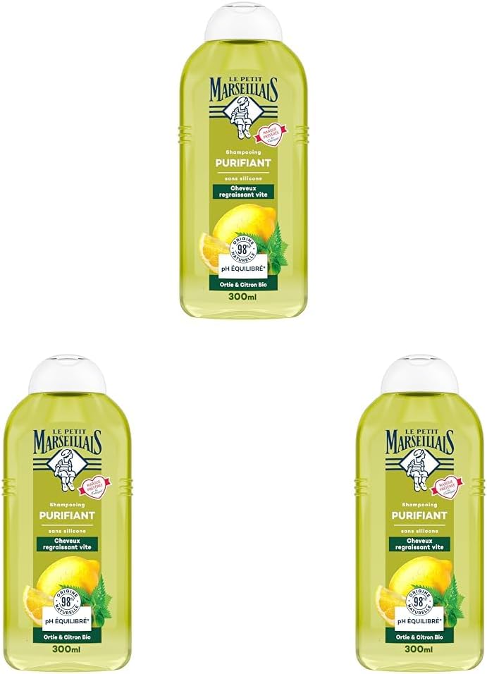 Shampooing Purifiant Ortie & Citron Bio (300 ml) – Shampoing sans silicone pour cheveux regraissant vite – 98% d'origine naturelle et pH équilibré (Lot de 3) 300 ml (Lot de 3)