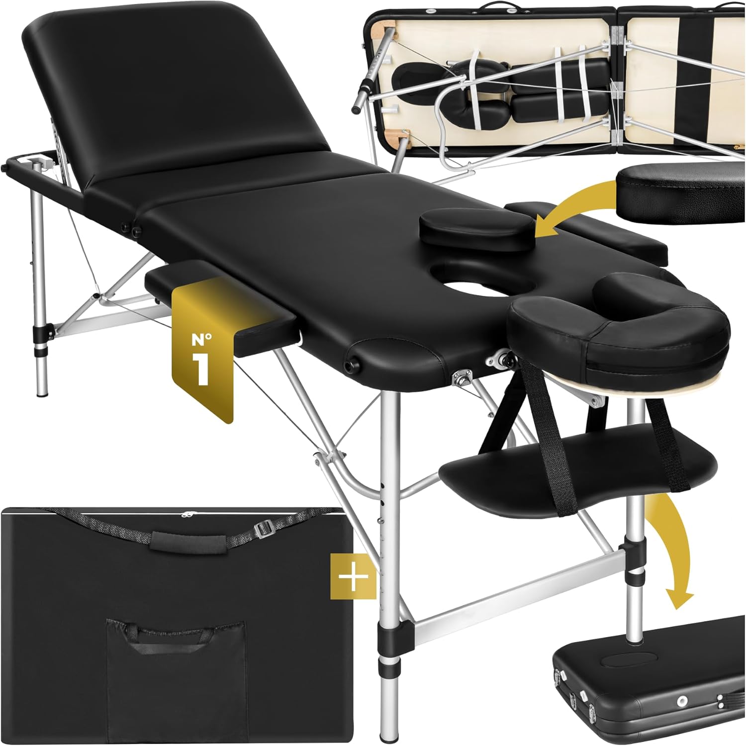 TecTake® Table de Massage Pliante Professionnelle 3 Zones Aluminium Cosmetique Lit de Massage Table Esthetique Tatouage Portable avec Repose Bras, Housse de Transport Incluse Largeur 61 cm Noir