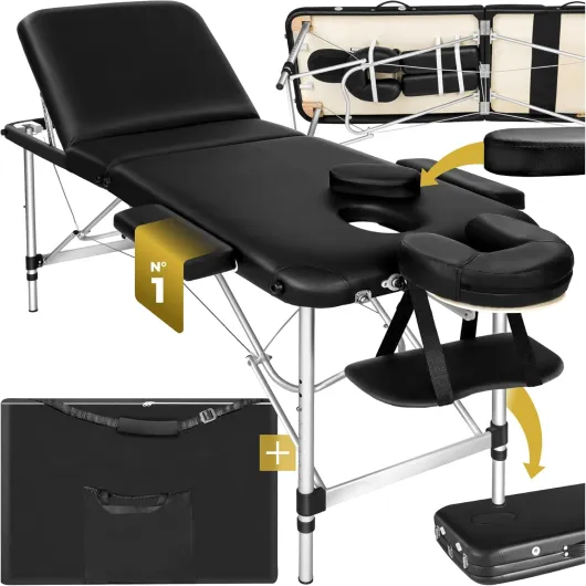 TecTake® Table de Massage Pliante Professionnelle 3 Zones Aluminium Cosmetique Lit de Massage Table Esthetique Tatouage Portable avec Repose Bras, Housse de Transport Incluse Largeur 61 cm Noir