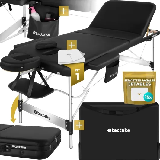 TecTake® Table de Massage Pliante Professionnelle 3 Zones Aluminium Cosmetique Lit de Massage Table Esthetique Tatouage Portable avec Appuie-tête Amovible Repose Bras, Housse de Transport Incluse Largeur 78 cm Noir