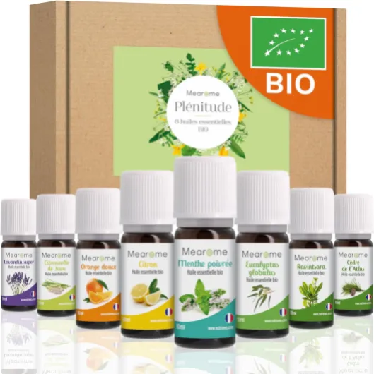 Coffret 8 x 10 ml Huiles Essentielles BIO distillées en FRANCE + Guide d'Aromathérapie PDF - HEBBD, HECT - Kit pour Cuisine, Diffuseur - Bienfaits Respiratoires, Encombrement, Digestion - Mearome