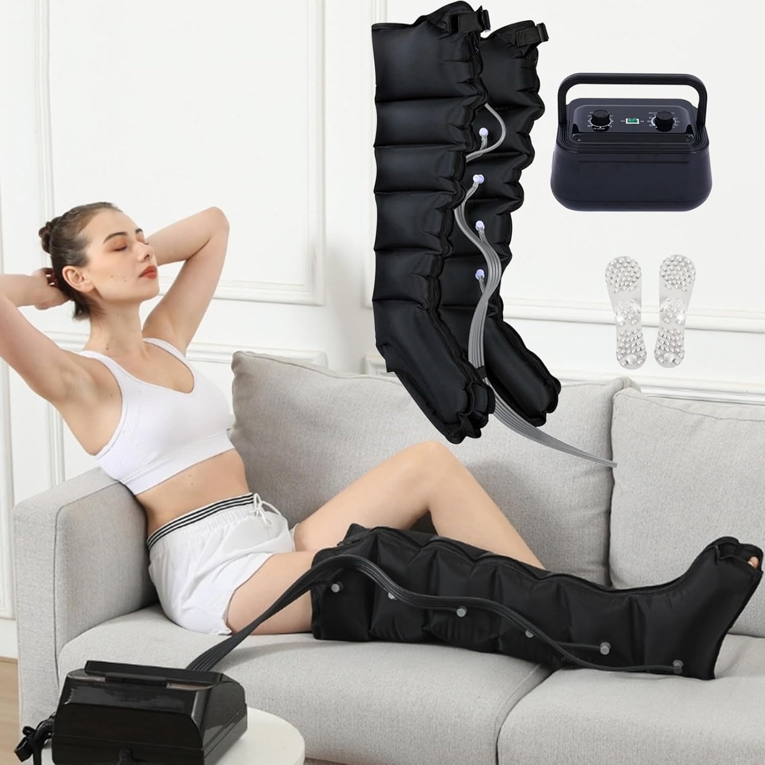 Bottes Pressothérapie Drainage Lymphatique 6 Chambres à Air - Appareil de Massage Jambes, Soulager les Jambes Lourdes et Activer la Circulation (2Jambes, 6 chambres) 2jambes 6 chambres