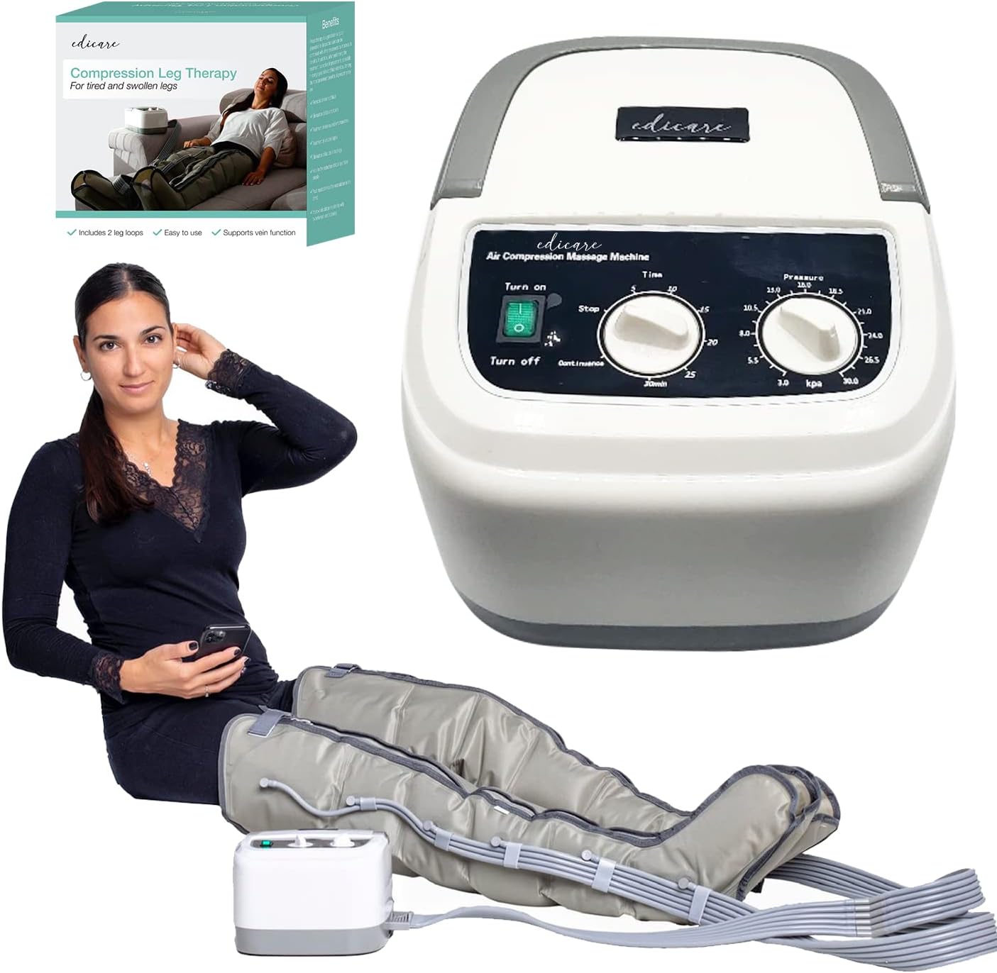 , Bottes Pressothérapie, Drainage Lymphatique, Appareil de Massage, Jambes Pieds Fatigués, Massage et Relaxation, Facile à Utiliser, Eficacité Professionnelle (Dispositif et boucles de jambe)